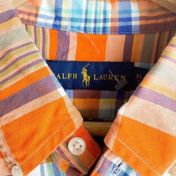 Vintage Ralph Lauren Bright Ornage Blue Plaid Button Down Casual Cotton Shirt XL - Picture 5 of 5